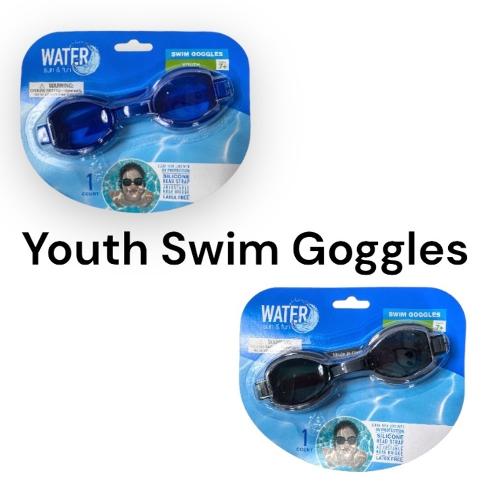 NWT Water Sun & Fun Black or Blue Youth Silicone Swim Goggles UV Protection